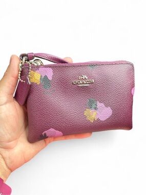 Coach Plum Floral Leather Wristlet with Gold Logo